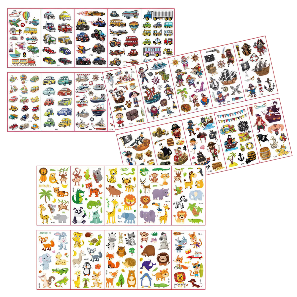 Tattoos Set für Jungs, Dschungel Tiere, Fahrzeuge & Piraten