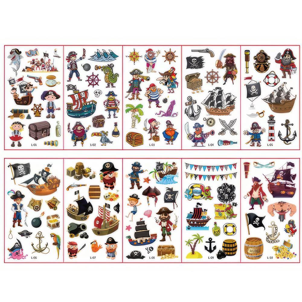 Tattoos Set für Jungs, Dschungel Tiere, Fahrzeuge & Piraten